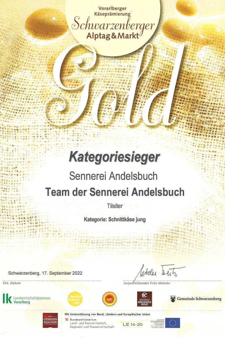 Vorarlberger Käseprämierung 2022 - Gold für Tilsiter