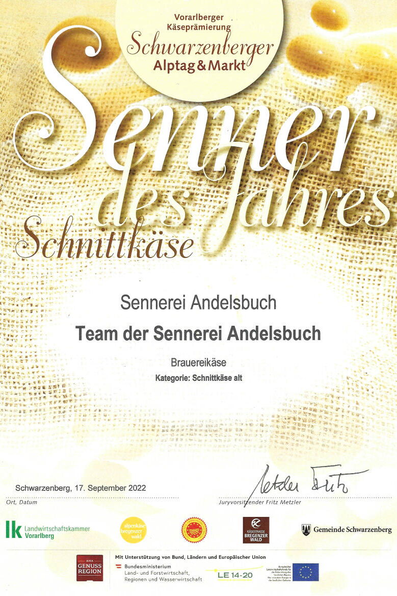 Vorarlberger Käseprämierung 2022 - Senner des Jahres Brauereikäse - Schnittkäse