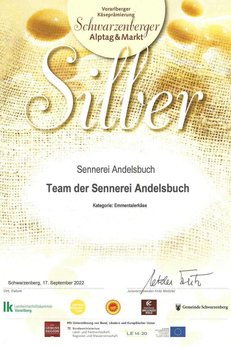 Vorarlberger Käseprämierung 2022 - Silber für Emmentaler