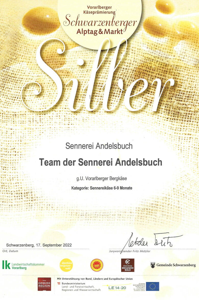 Vorarlberger Käseprämierung 2022 - Silber für Bergkäse